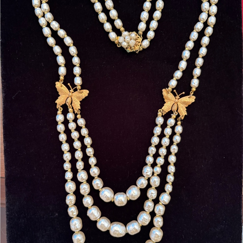 Miriam Haskell Gold and Cream Pearl Butterfly Necklace